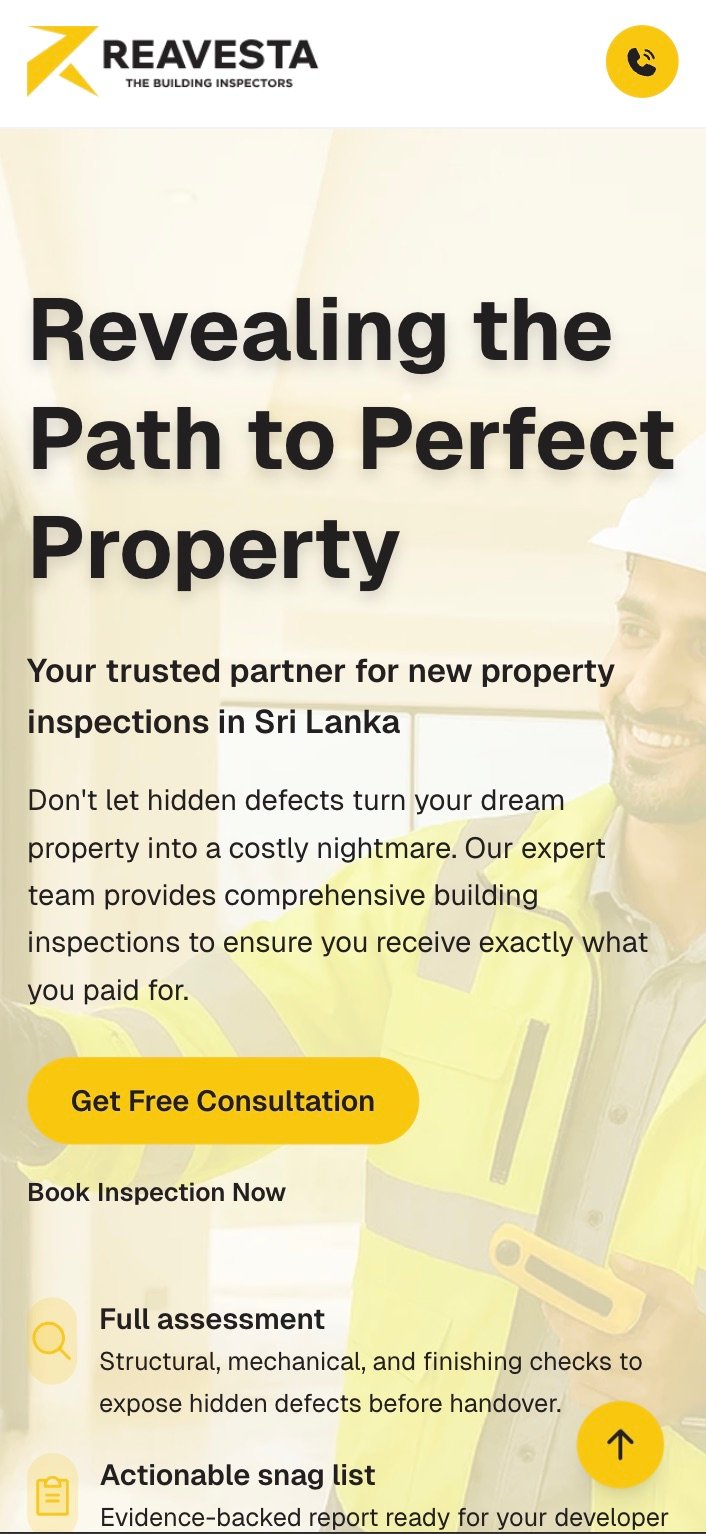 Mobile homepage screenshot of the Reavesta property inspection website