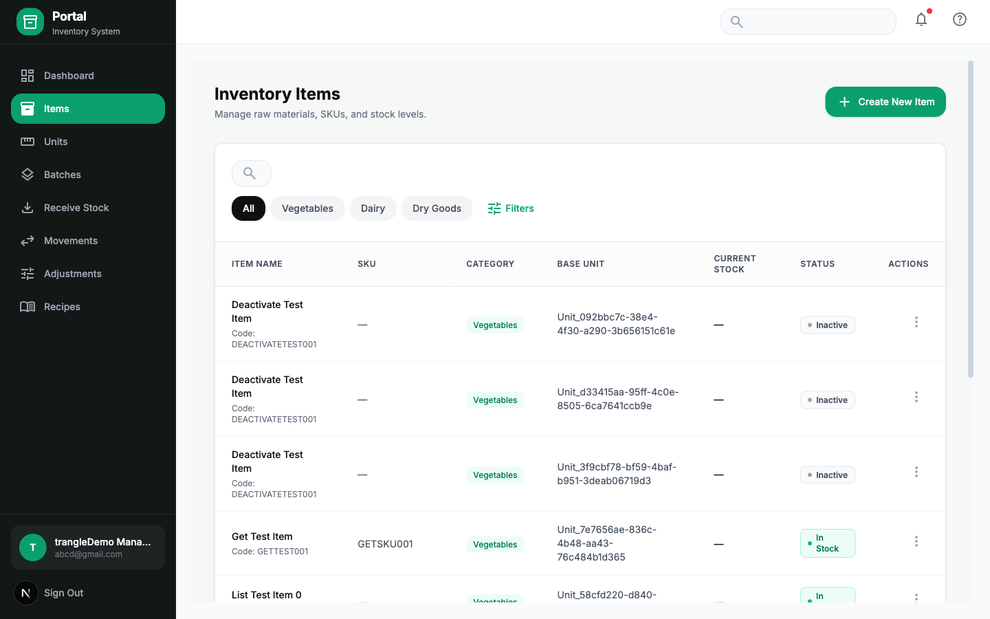 Trangle inventory item list with filters, stock status and item actions